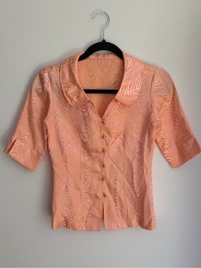 Vintage Peach Textured Button Front Blouse Handmade Look 90s Top